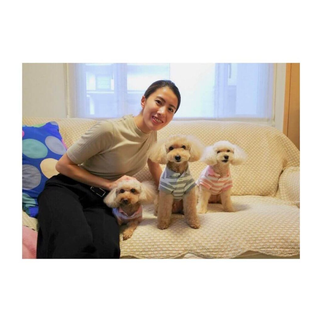 犬3匹とソファーで記念撮影をする大橋選手